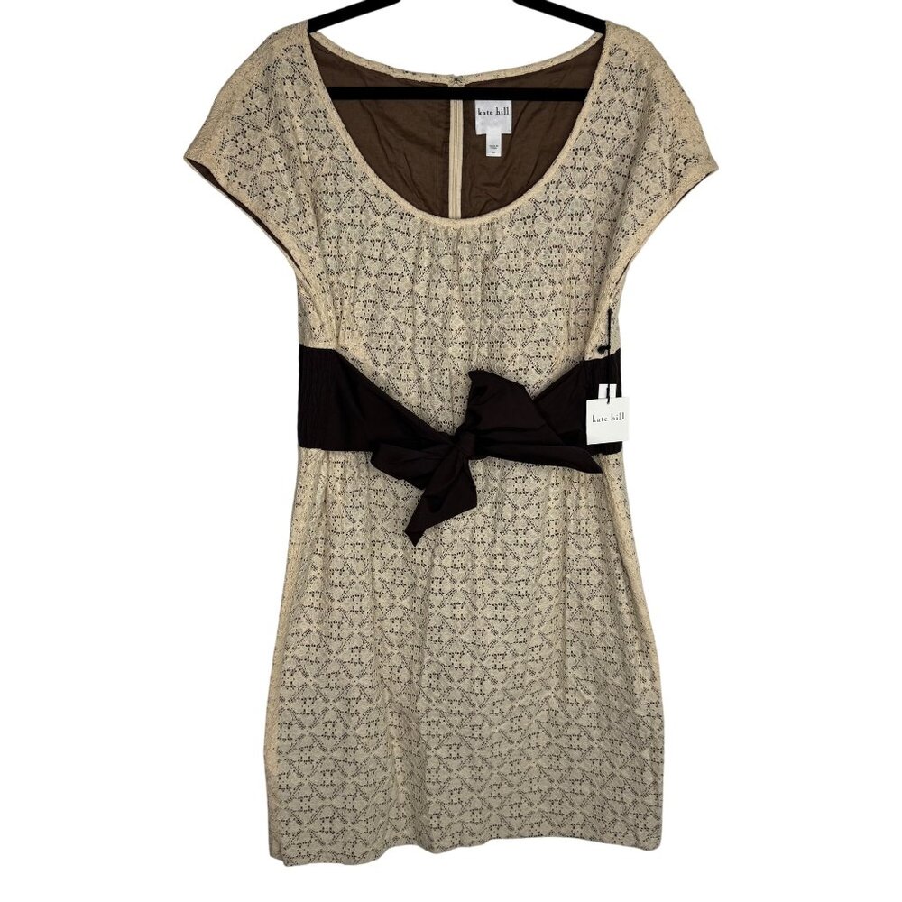 NWT Kate Hill Beige & Brown Lace Dress Bow Tie Waist Cottagecore Prairie Sz 14P‎